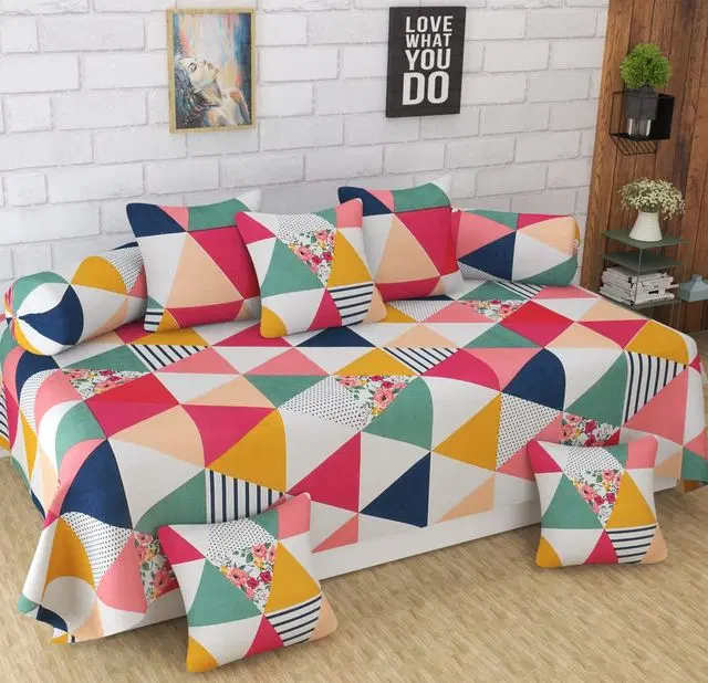 Swadeshi Style Stylish Regular Trendy Diwan Set 1 Single Bed Sheet With 5 Cushion Covers And 2 Bolster Covers), Multicolor, 150 cm X 230 cm, DD-44