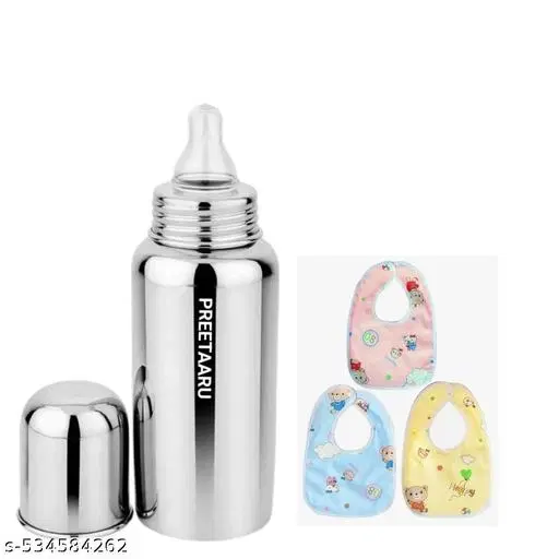 Preetaaru Free Waterproof Baby Bibs 3 Pcs Baby Steel Feeding Bottle 250 Ml