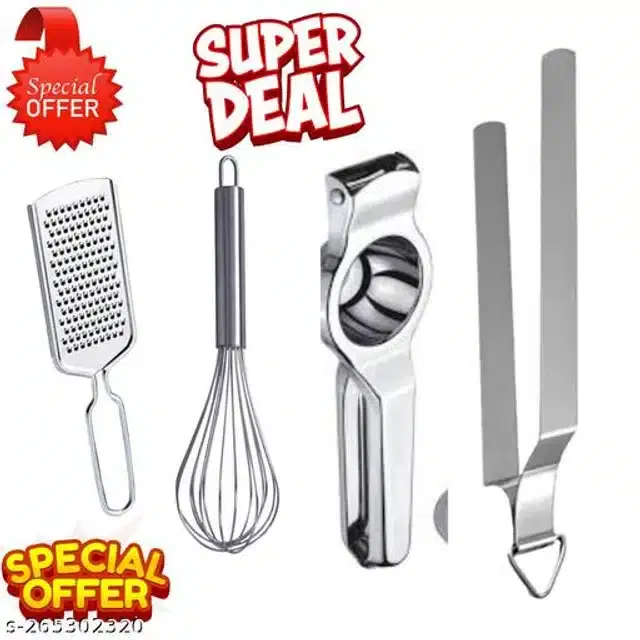 Stainless Steel Cheese Grater with Whisk, Lemon Squeezer & Cooking Tong, Silver, Set of 4
