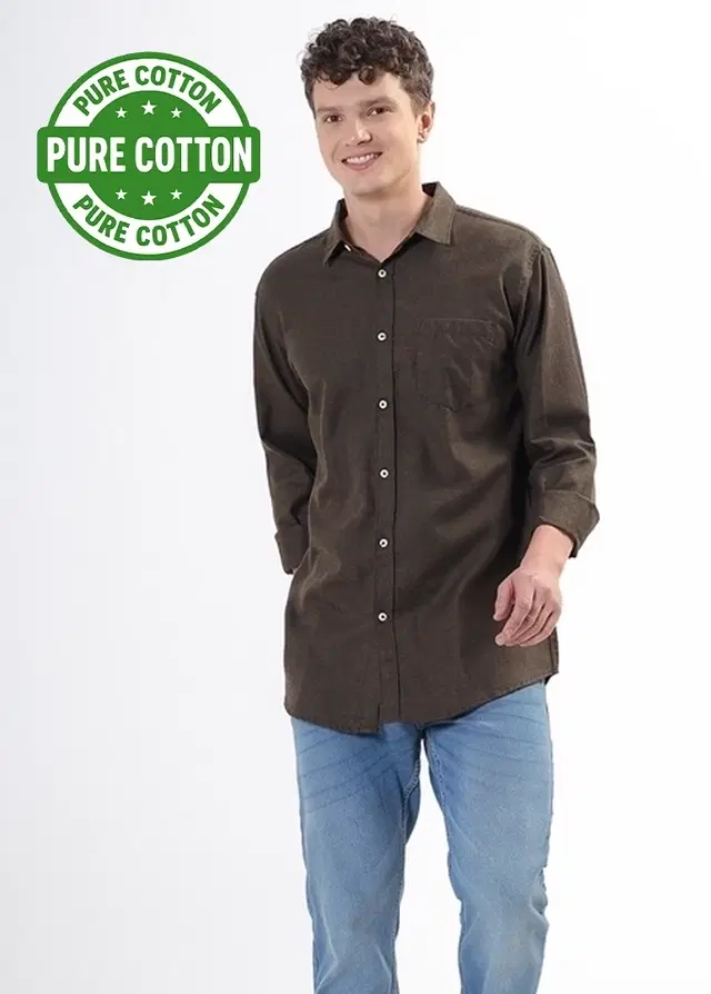100% Cotton Full Sleeves Solid Shirt for Men, Brown (XL)