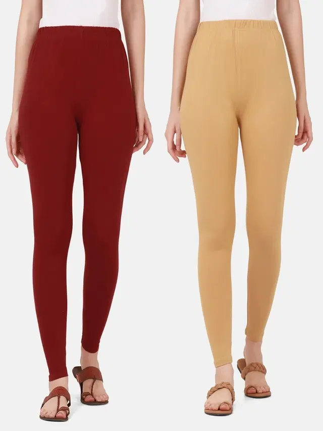 Cotton Solid Leggings for Women, Pack of 2 (Maroon & Beige, S)