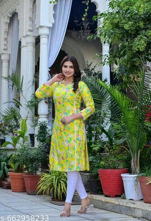 Rayon Printed Kurti for Women, Yellow (XXL)