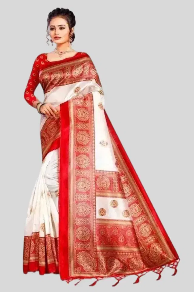Art Silk Printed Saree for Women (White, 6 m)