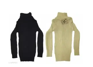 Woolen Solid High Neck Sweaters for Girls, Pack of 2 (Black & Beige, 7-8 Years)