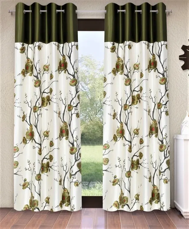 Fashion String Floral Green Semi-Transparent Polyester String Window Curtains, 153 cm, 7 ft, Pack of 2