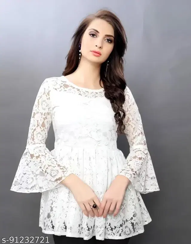 Three-Quarter Sleeves Top for Women (White, S)