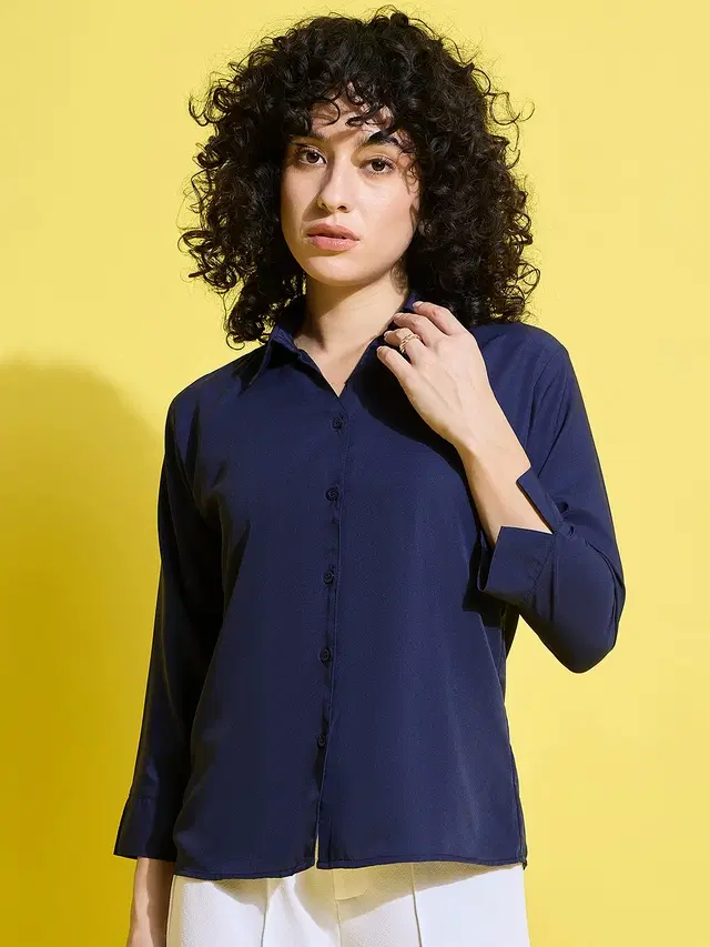Three-Quarter Sleeves Solid Shirt for Women (Navy Blue, S)