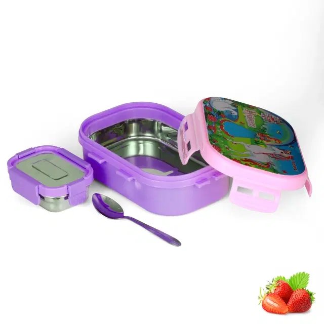 Stainless Steel Insulated 2 Containers Lunch Box with Spoon for Kids, 1x600 ml, 1x150 ml, Purple, Set of 1