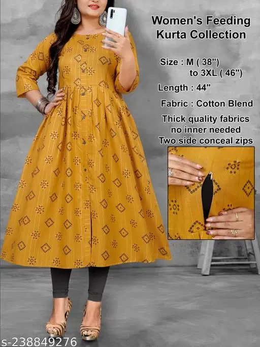 Bandhani Printed Maternity Kurti Set (Yellow, M)