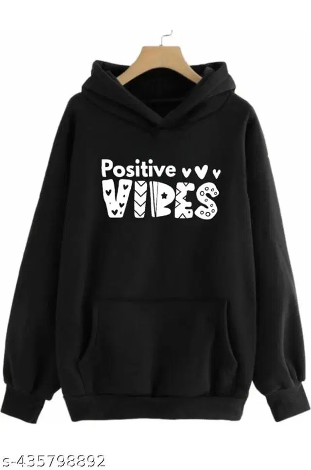 Fleece Printed Hoodie for Women (Black, S)