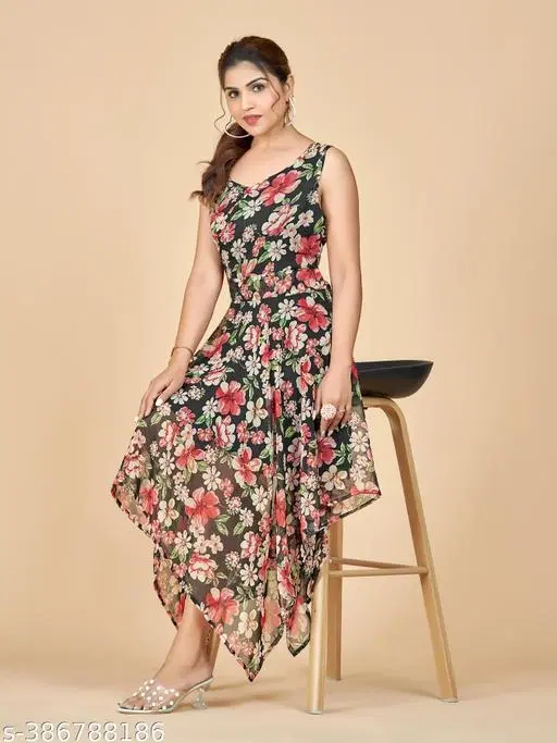 Floral Print Sleeveless Maxi Gown for Women (Black, XS)
