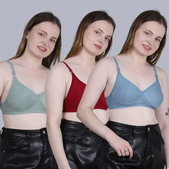 Cotton Non-Padded Bra for Women, Multicolour, Pack of 3 (32B)