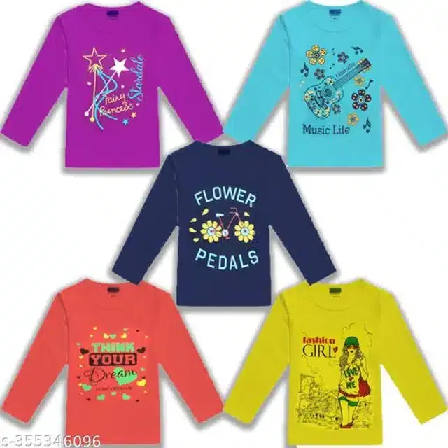 Cotton Full Sleeves T-Shirt for Girls, Pack of 5 (Multicolor, 3-4 Years)