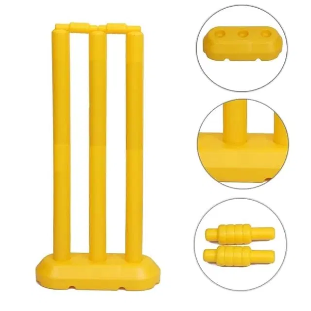 Plastic Wicket/Stump Set for Kids , 6-12 Years (3 Stumps + 2 Bails + Base) (Yellow)