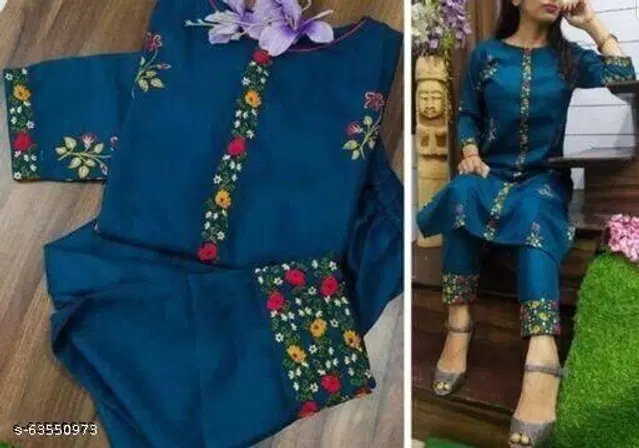 Cotton Silk Embroidered Kurta with Pant for Women (Blue, S)