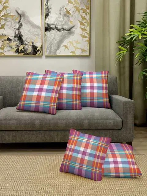 Klotthe Checked Cotton Cushion Covers, Multicolor, 40X40 Cm, Set of 5, K-68