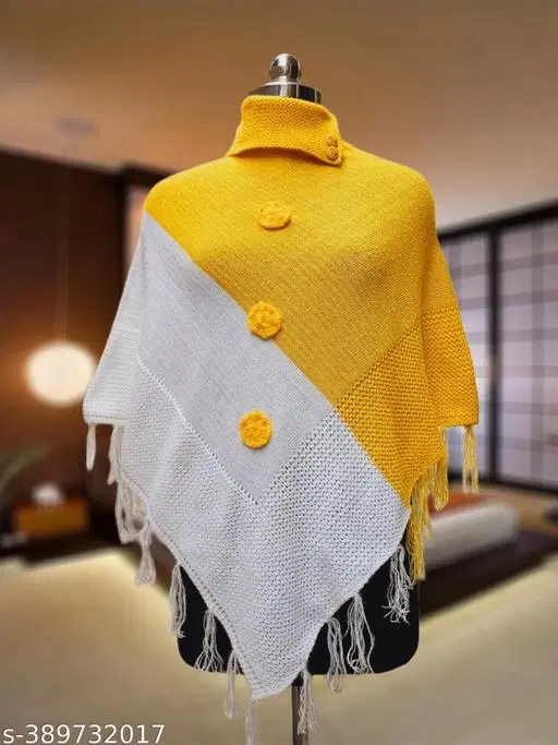 Woolen Poncho for Women (Yellow & White, Free Size)