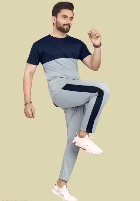 Cotton Blend Printed Tracksuit for Men, Black & Grey ( XXL)