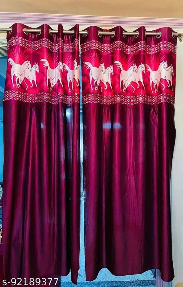 Silk Door Curtain, Purple, 7 Feet, Pack of 2