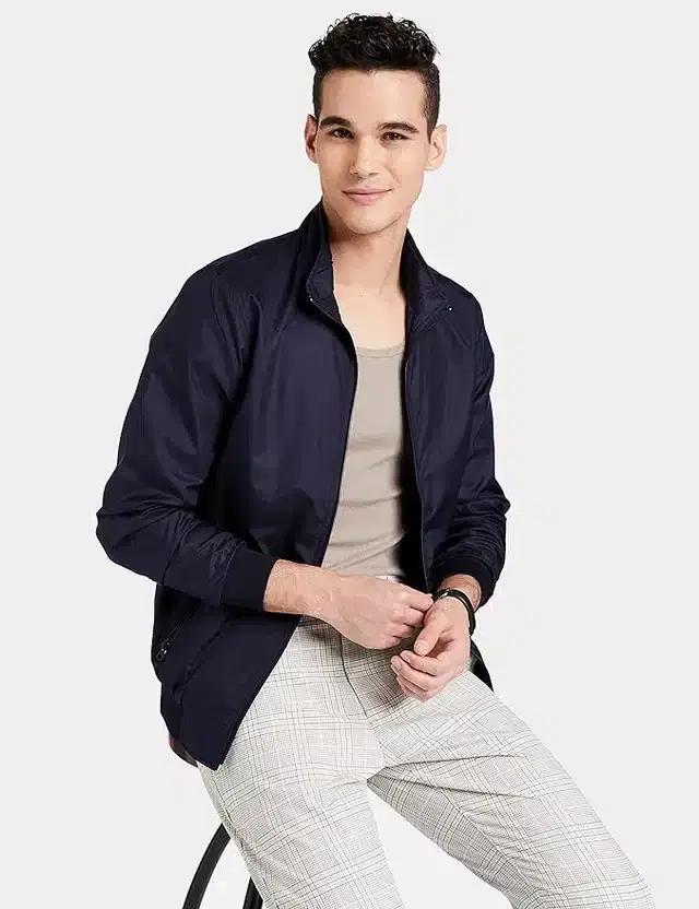 Polyester Solid Bomber Jacket for Men (Navy Blue, L)