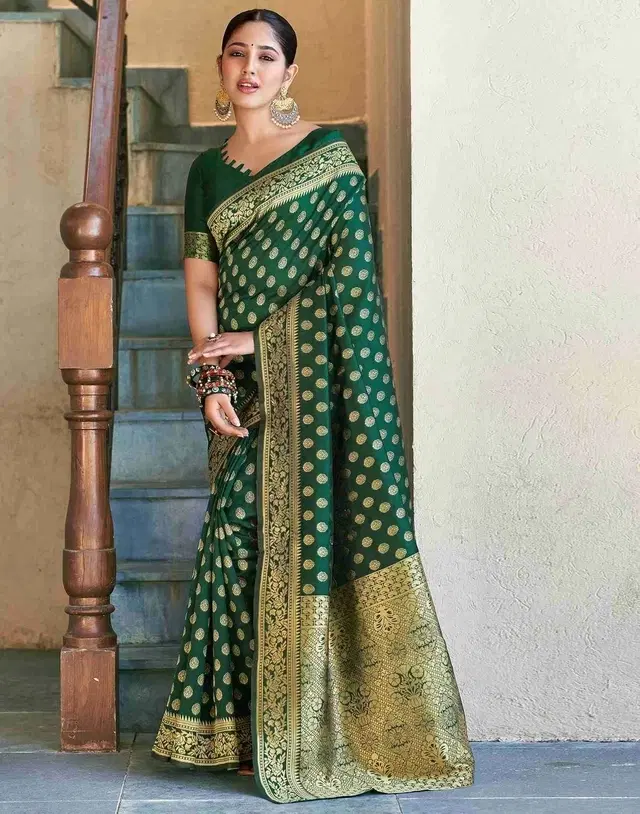 Silk Woven Design Saree for Women, Bottle Green (6.3 m)