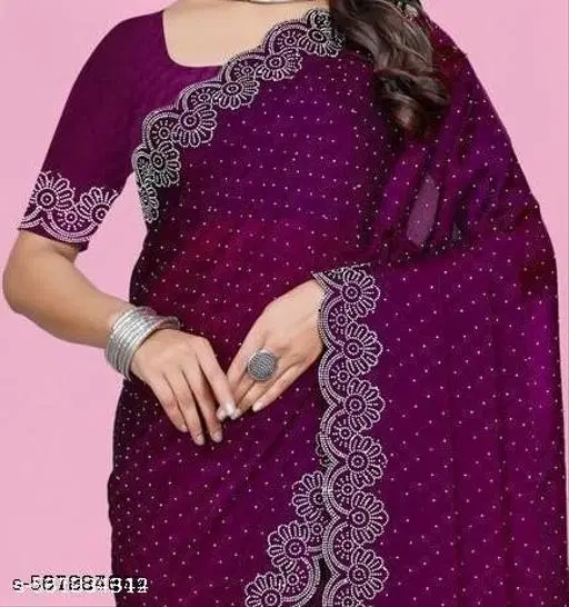 Chiffon Embroidered Saree For Women, Purple
