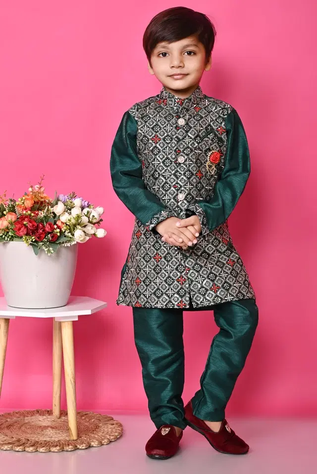 Cotton Blend Embroidered 3 Pcs Sherwani Set for Kids (Bottle Green, 2-3 Years)