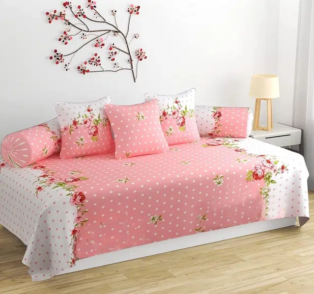 Sarangi Abstract Floral Diwan Set with 1 Single Bedsheet, 5 Cushion Cover and 2 Bolster Cover