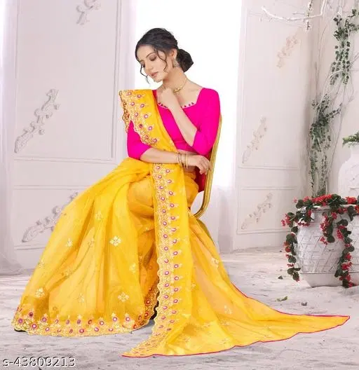 Embroidered Cotton Blend Ethnic Motif Bangalori Silk Sewing & Embroidery (Yellow, Free Size)