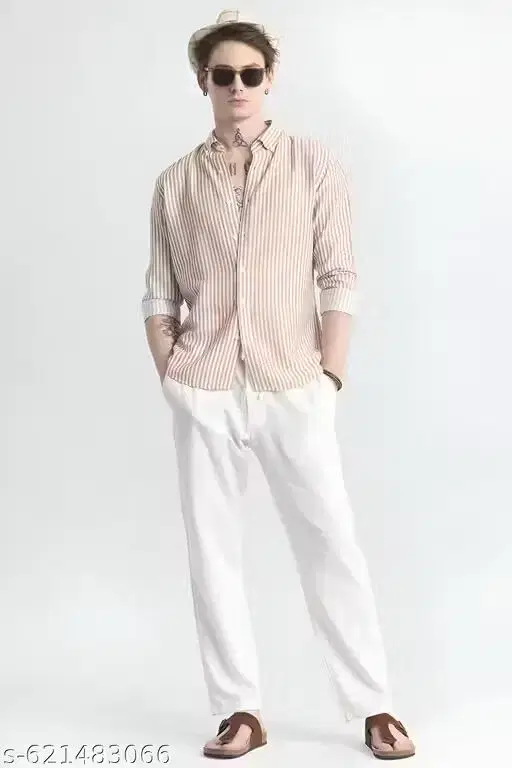 Striped Cotton Blend Shirt for Men (Beige, M)