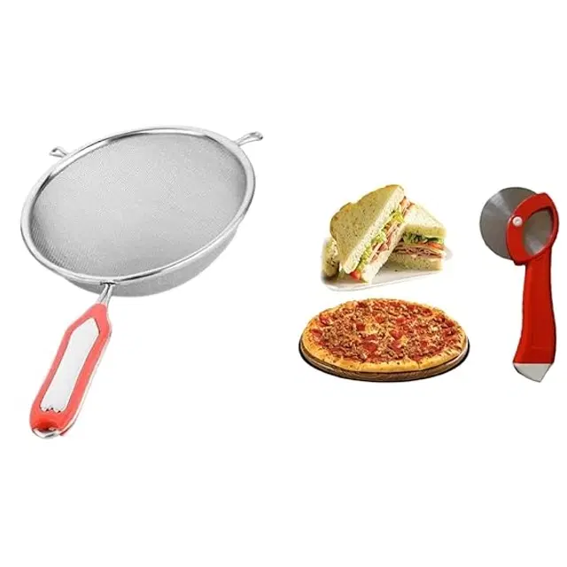 Stainless Steel Milk & Tea Strainer with Pizza Cutter for Kitchen, Multicolor, Set of 2