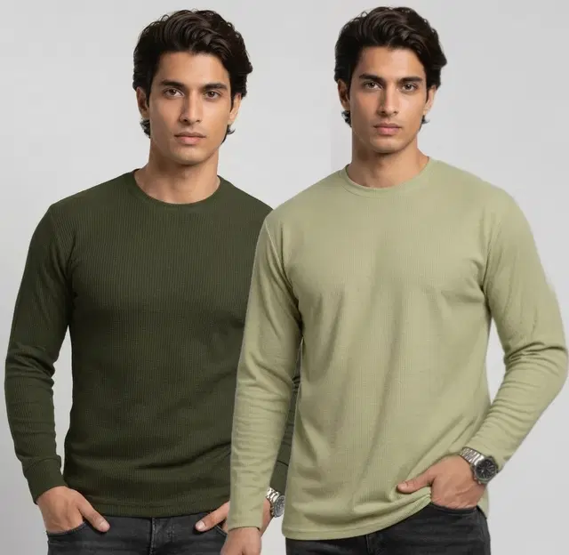 Polyester T-shirt for Men, Olive & Pista, Pack of 2 (M)