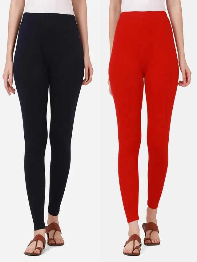 Cotton Solid Leggings for Women, Pack of 2 (Navy Blue & Red, L)