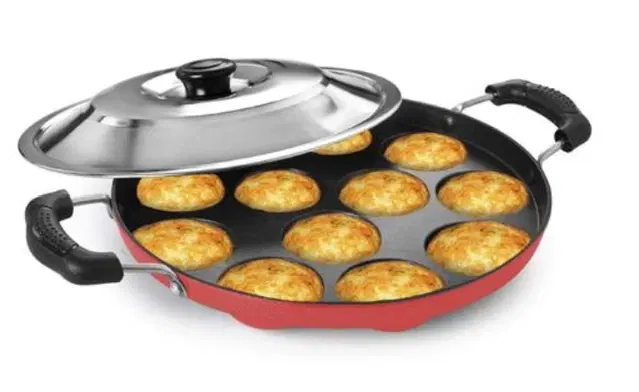 ZODEX 12 Cavities Non Stick Appam Patra with Lid and Side Handle, Multicolor, 21 cm
