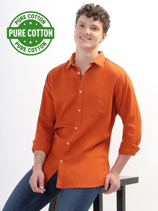 100% Cotton Full Sleeves Solid Shirt for Men, Orange (XL)