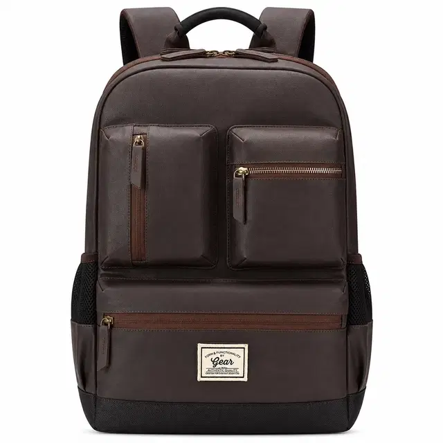 Gear Vintage Boxy, 26L Water Resistant Faux Leather Laptop Backpack for Men & Women, Brown Black
