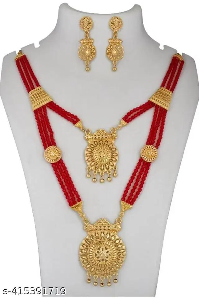 Alloy Double Layer Necklace with Earrings for Women, Set of 1 (Red & Gold)