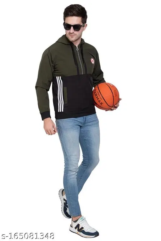 PU Jacket for Men (Olive & Black, L)