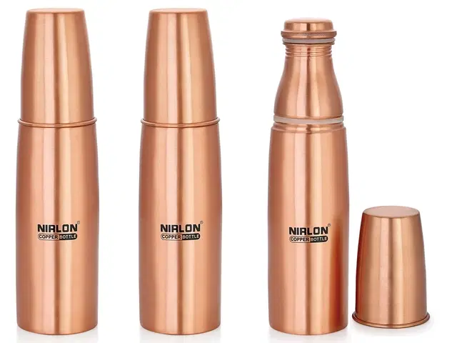 Nirlon Amrutam Copper / Tamba Water Bottle With Glass, 1000Ml, 3 Piece, Copper | Leak Proof | Office Bottle | Gym Bottle | Yoga Bottle | Home | Kitchen | Hiking | Treking Bottle | Travel Bottle