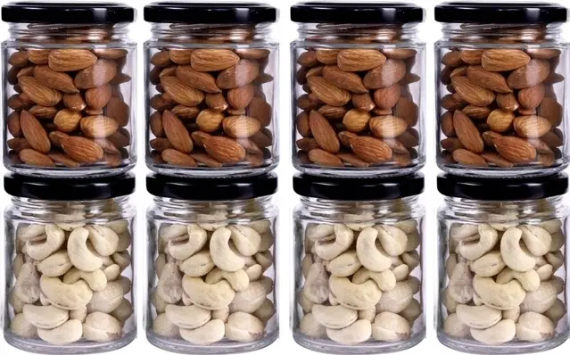 Afast 200 ML Glass Jar Round Shape,with Black Metal Color Cap Rust Proof Air Tight ', Pack of 8