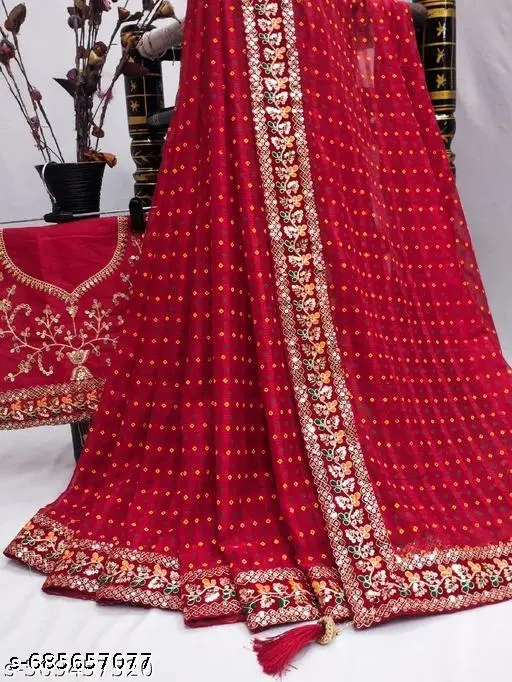 Chiffon Solid Saree For Women, Red