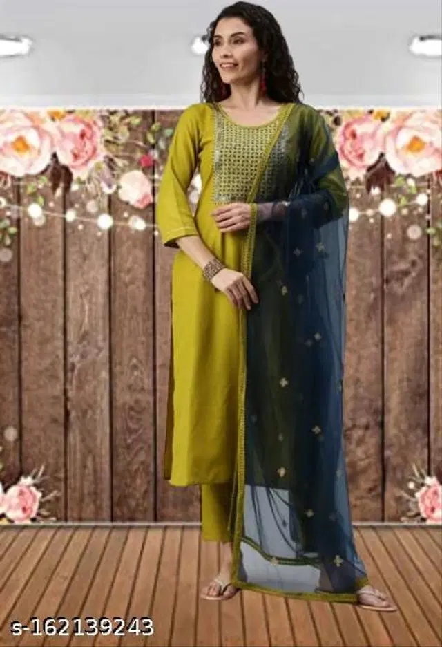 Cotton Blend Embroidered Kurta with Pant & Dupatta for Women (Multicolor, S)