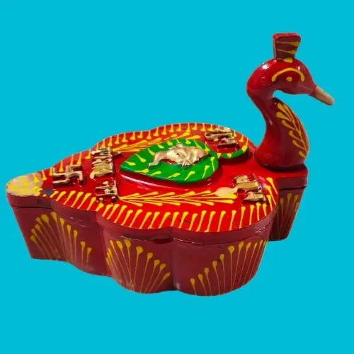 Plastic Peacock Shape Meenakari Designed 4 Section Kumkum Box, Multicolor