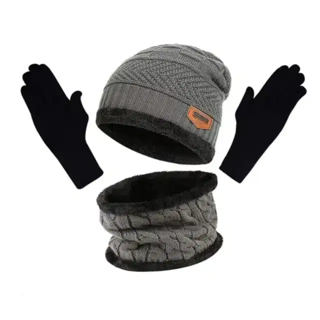 Balaclava Cap with Neck Warmer & Gloves, Set of 1 (Grey)