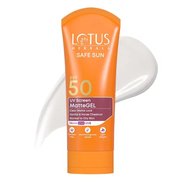 Lotus Herbals Safe Sun UV Screen Matte Gel SPF 50 and PA+++| Comfrey,Vanilla, Horse Extract|  Normal to Oily Skin 100g