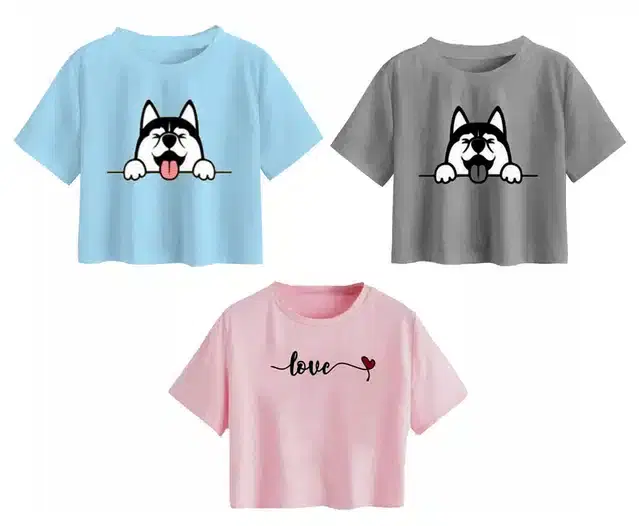 Cotton Printed Crop Tops for Girls, Pack of 3 (Multicolor, 12-13 Years)