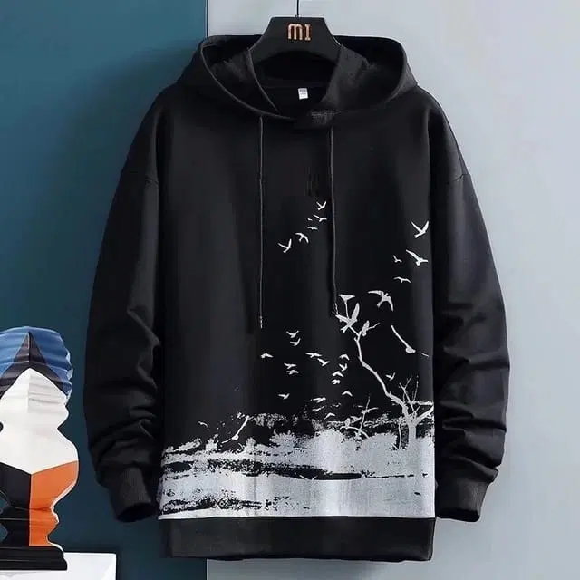 Fleece Printed Hoodie for Men (Black, L)