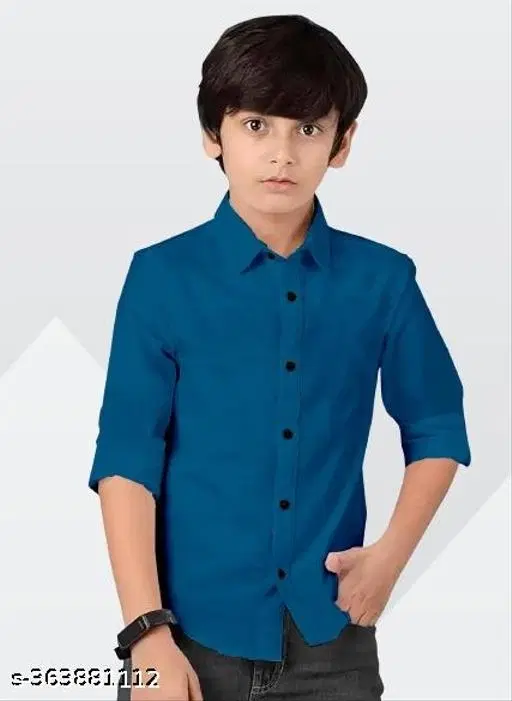 Solid Cotton Blend Long Sleeve Spread Collar Shirt for Boys (Teal, 6-7 Years)