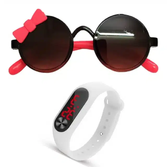 UV Protected Sunglass with Digital Watch for Boys & Girls, Set of 2 (Red & White)