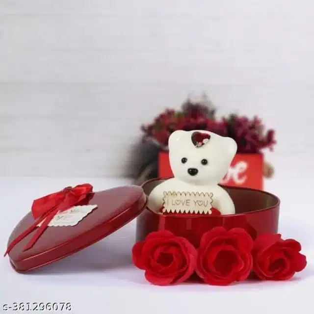 Cotton Heart Shape Gift Box Teddy Bear & Roses, White & Red